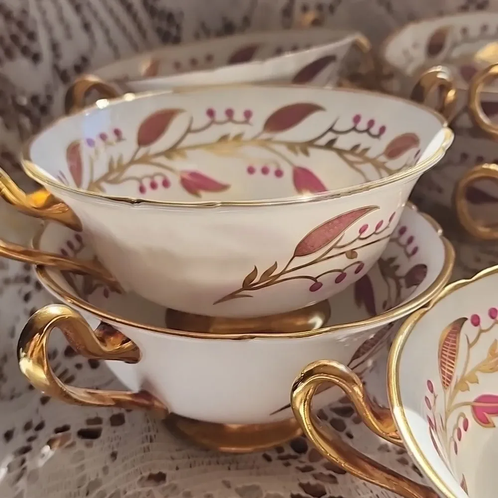 Rare Shelley Fine Bone China Double Handled Cream Soup Bowls  Pink Berry Vine